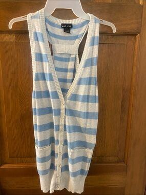 Wet Seal Light Blue &gray  Striped Button Front Sleeveless Cardigan size L